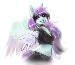 Size: 1500x1300 | Tagged: safe, artist:serodart, derpibooru import, oc, oc only, oc:#c0ffee, anthro, pegasus, black sclera, breasts, choker, cleavage, clothes, cosplay, costume, emo, female, gloves, piercing, rule 63, simple background, sketch, skirt, smiling, solo, white background, wings, yakuza