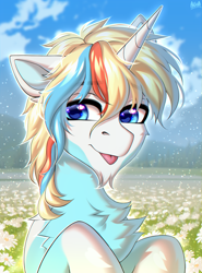 Size: 2000x2700 | Tagged: safe, derpibooru import, oc, oc only, oc:maui, unicorn, chest fluff, flower, multicolored hair