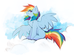 Size: 1191x898 | Tagged: safe, artist:kejifox, derpibooru import, rainbow dash, pegasus, pony, chest fluff, cloud, ear fluff, ears, on a cloud, sitting, sitting on cloud, solo