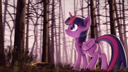 Size: 3840x2160 | Tagged: safe, artist:psfmer, derpibooru import, twilight sparkle, twilight sparkle (alicorn), alicorn, pony, 3d, forest, solo, tree