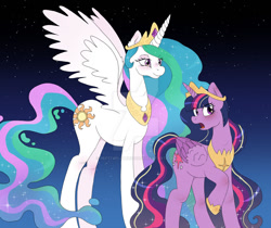 Size: 1280x1076 | Tagged: safe, artist:prettyplumeria03, derpibooru import, princess celestia, twilight sparkle, twilight sparkle (alicorn), alicorn, pony, deviantart watermark, jewelry, obtrusive watermark, regalia, starry background, watermark