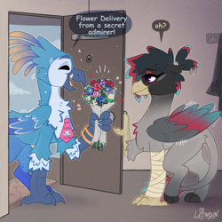 Size: 2000x2000 | Tagged: safe, artist:lionbun, derpibooru import, oc, oc:caiya, oc:gavran tristar, griffon, background, bouquet, female, flower, griffon oc, kofi reward, male, necktie