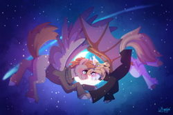 Size: 3000x2000 | Tagged: safe, artist:lionbun, derpibooru import, oc, oc:honey milk, oc:jarvis yarbrough, bat pony, pegasus, art trade, blushing, clothes, couple, cute, female, flying, jacket, male, mare, moon, night, night sky, shooting star, sky, stallion, wholesome