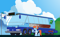 Size: 5120x3200 | Tagged: safe, artist:rain bow, derpibooru import, oc, oc:morning star, pegasus, pony, fallout equestria, building, bus, bus stop, cable, clothes, cloud, cloudsdale, coffee, coffee cup, cup, female, grass, grass field, hill, looking at you, ministry of image, necktie, nimbus, ponytail, radio tower, road, scenery, shirt, shorts, sky, smiling, solo, temple, uniform, vehicle, wing hands, wing hold, wings