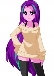 Size: 1400x1970 | Tagged: safe, artist:nekojackun, artist:rosemile mulberry, derpibooru import, aria blaze, equestria girls, alternate clothes, alternate hairstyle, bra, clothes, long hair, long sleeves, looking at you, loose hair, makeup, stockings, sweater, thigh highs, underwear, zettai ryouiki