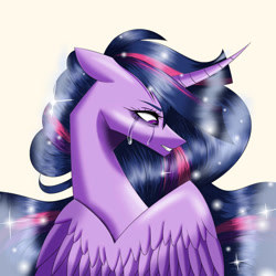 Size: 894x894 | Tagged: safe, artist:galaxynight100, derpibooru import, princess twilight 2.0, twilight sparkle, twilight sparkle (alicorn), alicorn, pony, the last problem, blue mane, crying, curved horn, digital art, ethereal mane, feather, female, flowing mane, future twilight, horn, looking down, mare, older, older twilight, purple eyes, sad, simple background, solo, sparkles, starry mane, tears of pain, teeth, white background, wings