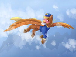 Size: 1080x810 | Tagged: safe, artist:x_paper_dino_x, derpibooru import, pegasus, pony, blonde, blushing, clothes, cloud, female, flying, hat, letter, mare, mouth hold, signature, sky, sky background, solo, spread wings, swift reply, uniform, wings