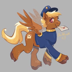 Size: 1080x1080 | Tagged: safe, artist:chacnwheeze, derpibooru import, pegasus, pony, blonde, clothes, female, forced meme, gray background, hat, heart, letter, mare, mouth hold, red eyes, shiny eyes, shitfuck meme, simple background, smiling, solo, spread wings, swift reply, trotting, uniform, vulgar, wings