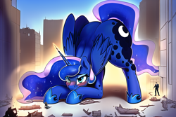 Size: 768x512 | Tagged: safe, ai content, derpibooru import, editor:giantpony, generator:novelai, generator:stable diffusion, machine learning generated, princess luna, alicorn, pony, affection, blushing, butt, caring, concerned, curious, debris, face down ass up, female, giant pony, giantess, growth, height difference, huge butt, implied rescue, kneeling, large butt, leaning, leaning forward, macro, macro/micro, maternaluna, missing accessory, moonbutt, motherly, solo focus, story included, thicc thighs, wide hips, wreckage