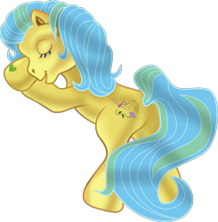 Size: 6018x6138 | Tagged: safe, artist:lincolnbrewsterfan, artist:robbin cuddy, artist:thompson brothers, derpibooru import, dragonfly, earth pony, insect, pony, g3, .svg available, 2004, 2023, anniversary, artist interpretation, bipedal, bipedal leaning, eyes closed, female, flower, leaning, leaves, mare, meadowbrook (g3), my little pony: hide-and-seek, open mouth, praying, scene interpretation, simple background, solo, special, standing, svg, tail, transparent background, two toned mane, two toned tail, vector, vector trace