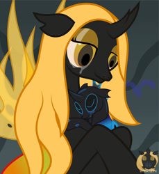 Size: 1260x1374 | Tagged: safe, artist:wheatley r.h., derpibooru exclusive, derpibooru import, oc, oc only, oc:reina nekchiua, oc:w. rhinestone eyes, changeling, changeling queen, blue changeling, changeling oc, crying, female, happy, honeypot changeling, hug, male, mare, mother and child, mother's day, parent and child, size difference, stallion, tears of joy, vector, watermark, yellow changeling