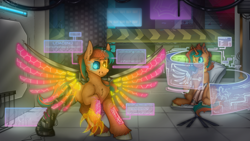 Size: 1920x1080 | Tagged: safe, artist:molars, derpibooru import, oc, oc only, cyborg, pegasus, unicorn, city, claws, commission, cybernetic eyes, cyberpunk, detailed background, hologram, projection, raised leg, screens, siblings, talons, twins, unshorn fetlocks, wires