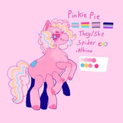 Size: 1440x1440 | Tagged: safe, artist:ariariari.png, derpibooru import, pinkie pie, monster pony, original species, pony, spiderpony, albino, alternate universe, asexual, asexual pride flag, demigirl, demigirl pride flag, minecraft, mouthpiece, multiple eyes, multiple legs, multiple limbs, neurodivergent, pansexual, pansexual pride flag, pride, pride flag, pronouns, reference sheet, solo, transgender, transgender pride flag