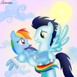 Size: 1400x1400 | Tagged: safe, artist:mlplary6, derpibooru import, rainbow dash, soarin', pegasus, pony, bandage, bandaged wing, blushing, carrying, cloud, female, flying, injured wing, looking at each other, looking at someone, male, mare, romantic, shipping, sky, smiling, smiling at each other, soarindash, stallion, straight, sun, wings