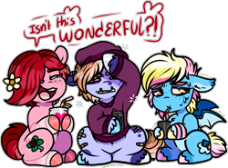 Size: 1902x1406 | Tagged: safe, artist:sexygoatgod, derpibooru import, oc, oc only, oc:dozy daisy, oc:hot rod, oc:rosie posie, bat pony, earth pony, pony, bandaid, beanie, chibi, clothes, drink, drinking, drinking straw, female, flower, flower in hair, hat, hoodie, male, mare, piercing, pride, pride flag, simple background, stallion, transgender, transparent background, unshorn fetlocks