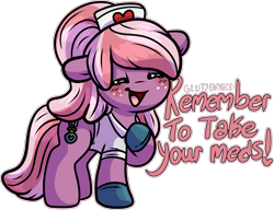 Size: 1643x1260 | Tagged: safe, artist:sexygoatgod, derpibooru import, oc, oc only, oc:bedside cheer, earth pony, chibi, clothes, female, gloves, latex, latex gloves, mare, nurse, nurse outfit, simple background, smiling, solo, transparent background