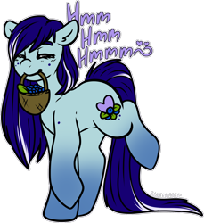 Size: 1524x1662 | Tagged: safe, artist:sexygoatgod, derpibooru import, oc, oc only, oc:blueberry bashful, earth pony, pony, basket, blueberry, female, food, humming, mare, simple background, solo, transparent background