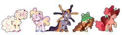 Size: 3990x1153 | Tagged: safe, artist:destinybluez, artist:selenaede, derpibooru import, oc, oc only, oc:limelight rivet, oc:milky way (destinybluez), oc:rocky road, oc:spider cookie, oc:sugar cookie, earth pony, pegasus, pony, unicorn, apron, base used, chest fluff, clothes, cloven hooves, female, hat, male, mare, offspring, parent:cheese sandwich, parent:pinkie pie, parents:cheesepie, siblings, simple background, spiked wristband, stallion, white background, wristband