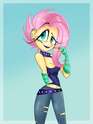 Size: 833x1110 | Tagged: safe, artist:catanymoon, derpibooru import, fluttershy, equestria girls, blue background, female, flutterpunk, simple background, smiling, solo