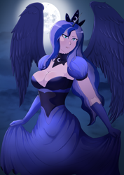 Size: 2894x4093 | Tagged: safe, artist:symptom99, derpibooru import, princess luna, human, absolute cleavage, alicorn humanization, big breasts, breasts, cleavage, clothes, crown, dress, female, gown, high res, horn, horned humanization, humanized, jewelry, looking at you, princess balloona, regalia, solo, strapless, winged humanization, wings