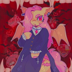 Size: 1440x1440 | Tagged: safe, artist:ariariari.png, derpibooru import, fluttershy, bat pony, pony, semi-anthro, bat ears, bat ponified, bat wings, clothes, colored, dress, ear piercing, flutterbat, fluttergoth, hair over one eye, jewelry, necklace, piercing, race swap, solo, wings