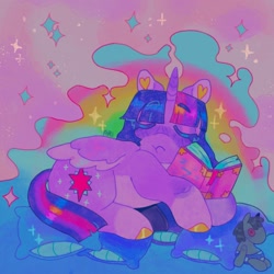 Size: 1440x1440 | Tagged: safe, artist:ariariari.png, derpibooru import, smarty pants, twilight sparkle, twilight sparkle (alicorn), alicorn, pony, book, colored hooves, pillow, sleeping, solo