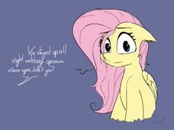 Size: 1075x806 | Tagged: safe, artist:pinkberry, derpibooru import, fluttershy, pegasus, pony, ..., bags under eyes, guilty, looking at you, messy mane, offscreen character, question, simple background, solo focus, text, tired