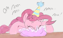 Size: 1045x637 | Tagged: safe, artist:dotkwa, derpibooru import, pinkie pie, earth pony, pony, cake, cute, diapinkes, eating, eyes closed, female, food, gray background, hat, mare, messy eating, nom, party hat, simple background, solo