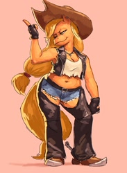 Size: 1500x2048 | Tagged: safe, artist:redustheriotact, derpibooru import, applejack, anthro, earth pony, plantigrade anthro, applerack, belly button, boots, breasts, chaps, cleavage, clothes, cowboy boots, daisy dukes, female, leather, leather vest, mare, midriff, pink background, plump, shoes, shorts, simple background, smiling, solo, spurs, vest