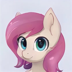 Size: 1024x1024 | Tagged: safe, ai content, derpibooru import, machine learning generated, pony, blue eyes, bust, ear fluff, ears, female, generator:thisponydoesnotexist, mare, pink mane, simple background, solo