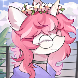 Size: 2500x2500 | Tagged: safe, artist:猞塔, derpibooru import, oc, oc only, oc:glittering snow, pony, unicorn, bust, choker, cute, eyes closed, female, floral head wreath, flower, glasses, smiling, solo