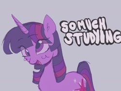 Size: 1516x1137 | Tagged: safe, artist:dulcesillay, derpibooru import, twilight sparkle, unicorn twilight, pony, unicorn, derp, simple background, solo, studying