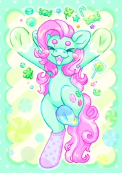 Size: 1448x2048 | Tagged: safe, artist:ibbledribble, derpibooru import, minty, pony, g3, :3, :d, ><, beanbrows, candy, clothes, eyebrows, eyes closed, food, hooves in air, open mouth, open smile, smiling, socks, solo