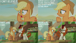 Size: 2000x1125 | Tagged: safe, derpibooru import, edit, edited screencap, editor:quoterific, screencap, applejack, autumn blaze, earth pony, kirin, pony, sounds of silence, applejack's hat, clothes, cowboy hat, hat