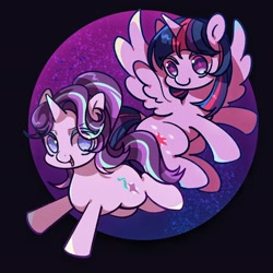 Size: 2048x2048 | Tagged: safe, artist:tkotu1, derpibooru import, starlight glimmer, twilight sparkle, twilight sparkle (alicorn), alicorn, pony, unicorn, cute, duo, eye clipping through hair, eyebrows, eyebrows visible through hair, female, glimmerbetes, high res, horn, looking at you, mare, open mouth, open smile, smiling, smiling at you, sparkly eyes, spread wings, starry eyes, twiabetes, wingding eyes, wings