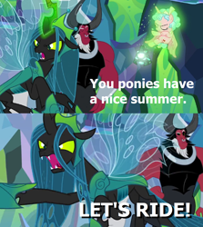 Size: 1280x1438 | Tagged: safe, derpibooru import, editor:incredibubbleirishguy, cozy glow, lord tirek, queen chrysalis, changeling, the ending of the end, a bug's life, angry, bell, caption, female, filly, foal, grogar's bell, image macro, male, meme, quote, reference, text