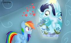 Size: 1200x720 | Tagged: safe, artist:mlplary6, derpibooru import, rainbow dash, soarin', pegasus, pony, blushing, butt, female, flower, flying, heart, looking at each other, looking at someone, male, mare, plot, rainbow dash's house, romantic, shipping, smiling, smiling at each other, soarindash, stallion, straight, sun, window
