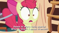 Size: 1052x592 | Tagged: safe, derpibooru import, edit, edited screencap, editor:incredibubbleirishguy, screencap, apple bloom, the cutie pox, cutie pox, french, golden oaks library, sacrebloom, solo, subtitles, translation