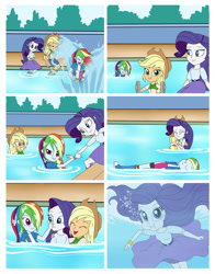 Size: 1024x1304 | Tagged: safe, derpibooru import, applejack, rainbow dash, rarity, equestria girls, boots, breasts, clothes, cowboy boots, cowboy hat, hat, shoes, splash, swimming, swimming pool, underwater, water, wet, wet clothes