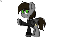 Size: 3960x2160 | Tagged: safe, artist:nhale, derpibooru import, oc, oc:razor uniboop, clothes, green eyes, male, raised hoof, raised leg, simple background, smiling, stallion, transparent background, wings