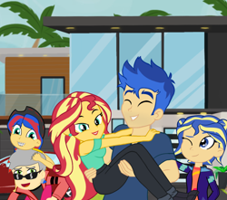 Size: 2692x2383 | Tagged: safe, artist:yingerten, derpibooru import, flash sentry, sunset shimmer, equestria girls, female, flashimmer, male, mother's day, offspring, older flash sentry, older sunset, parent:flash sentry, parent:sunset shimmer, parents:flashimmer, shipping, straight