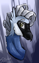 Size: 1000x1600 | Tagged: safe, artist:stardustspix, oc, oc only, oc:carbonado, hippogriff, beak, bust, colored eyebrows, colored eyelashes, golden eyes, hippogriff oc, male, portrait, solo, spix's macaw