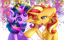 Size: 2865x1794 | Tagged: safe, alternate version, artist:yuris, derpibooru import, sunset shimmer, twilight sparkle, pony, unicorn, biting, chest fluff, ear bite, ear fluff, ears, ears back, ears up, female, flower, leaves, lesbian, open mouth, shipping, simple background, smiling, sunlight, sunsetsparkle, white background, wisteria