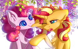 Size: 2865x1794 | Tagged: safe, alternate version, artist:yuris, derpibooru import, pinkie pie, sunset shimmer, earth pony, pony, unicorn, biting, chest fluff, ear bite, ear fluff, ears, ears back, ears up, flower, leaves, open mouth, simple background, smiling, white background, wisteria