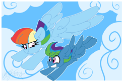 Size: 3000x2000 | Tagged: safe, artist:ladylullabystar, derpibooru import, rainbow dash, oc, oc:storm streak, pegasus, pony, flurry heart's story, colt, commission, female, flying, foal, male, mother and child, mother and son, parent and child, parent:oc:thunderhead, parent:rainbow dash, parents:canon x oc