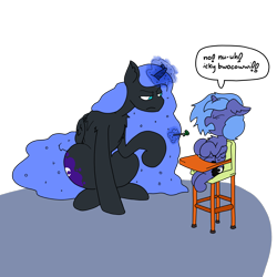 Size: 3508x3508 | Tagged: safe, artist:ponny, derpibooru import, nightmare moon, princess luna, alicorn, baby talk, broccoli, chair, colored, disappointed, disapproval, female, filly, foal, food, magic, simple background, speech bubble, telekinesis, text, transparent background, woona, younger