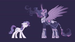 Size: 4096x2304 | Tagged: safe, artist:evelili, derpibooru import, rarity, twilight sparkle, twilight sparkle (alicorn), alicorn, unicorn, alternate universe, armor, blue background, curved horn, fanfic art, horn, leonine tail, scar, simple background, size difference, tail, teary eyes