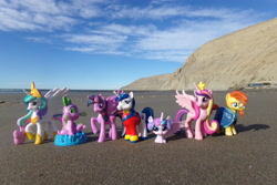 Size: 4608x3072 | Tagged: safe, artist:dingopatagonico, derpibooru import, princess cadance, princess celestia, princess flurry heart, shining armor, spike, sunburst, twilight sparkle, twilight sparkle (alicorn), alicorn, dragon, unicorn, argentina, beach, photo, toy