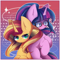 Size: 2400x2400 | Tagged: safe, artist:miryelis, derpibooru import, sci-twi, sunset shimmer, twilight sparkle, pony, unicorn, equestria girls, big ears, blushing, cute, ears, female, glasses, gradient background, lesbian, long hair, scitwishimmer, shipping, smiling, sunsetsparkle