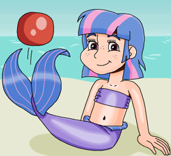 Size: 659x598 | Tagged: safe, artist:ocean lover, derpibooru import, wind sprint, human, mermaid, ball, bandeau, bare midriff, bare shoulders, beach, belly, belly button, buckball, child, cute, fins, fish tail, freckles, human coloration, humanized, looking at you, mermaid tail, mermaidized, mermay, midriff, ms paint, outdoors, sand, short hair, sitting, sky, sleeveless, smiling, smiling at you, species swap, tail, tail fin, water